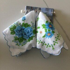 Easter Gift -Two (2) Blue Floral Hankies Handkerchiefs in Cotton Canvas Bag NWOT